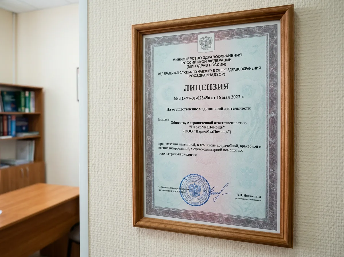 Медицинская лицензия ООО НаркоМедПомощь, выданная Росздравнадзором, официальный документ на осуществление медицинской деятельности по профилю психиатрия-наркология